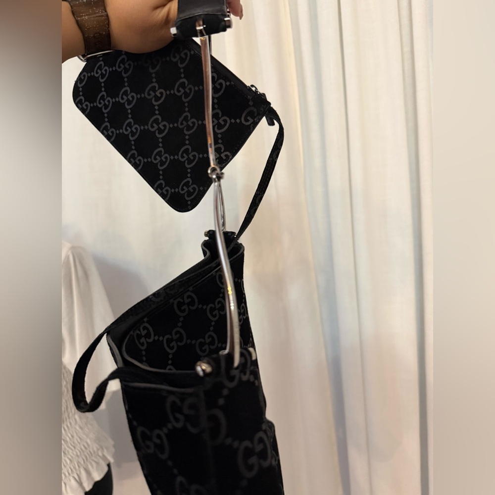 RARE Vintage Gucci Black Suede Monogram Metal Horsebit Strap Hobo Bag - Picture 9 of 17